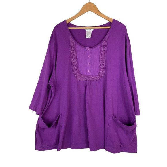 Ulla Popken Size 28/30 Boho Tunic Purple Short Sleeve Bodice Pleats Lace Pockets - Picture 1 of 7